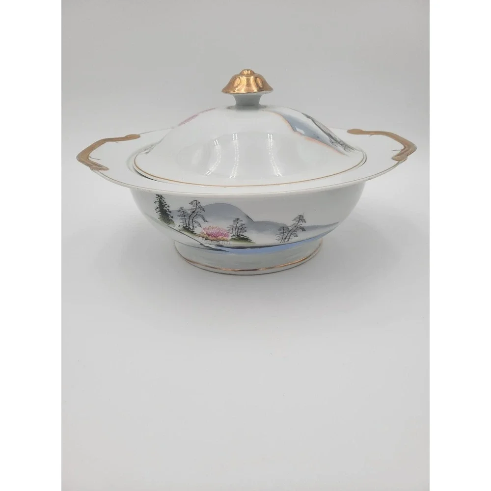 Kutani China Tureen Japan Bridge Textured pink trees KUT21‎ bowl lid AS-IS